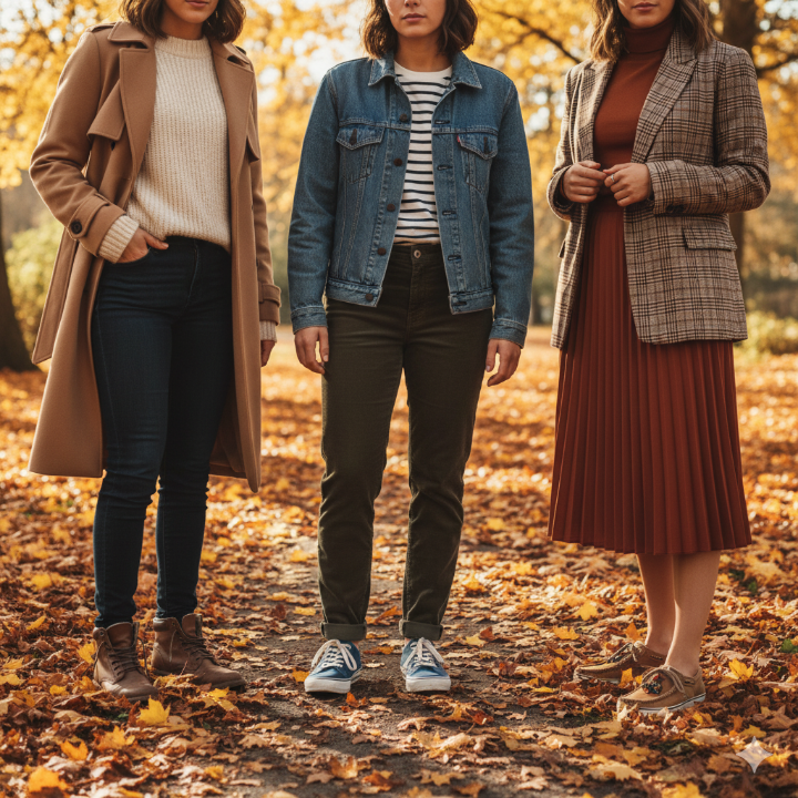 가을 옷과 매치된 로퍼, 스니커즈, 앵클부츠 코디샷
