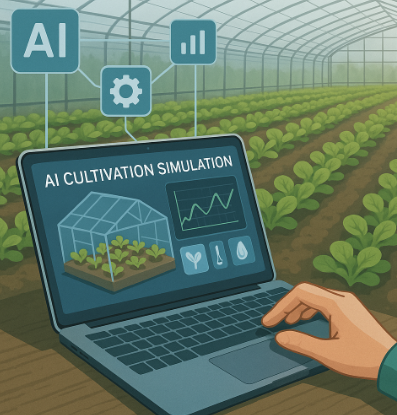 AI 재배 시뮬레이션을 실행 중인 노트북 화면과 온실 속 작물 모습