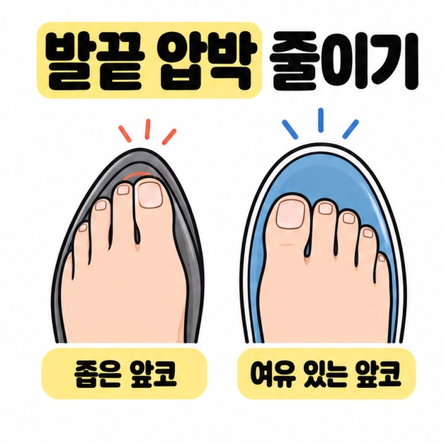 발끝이 닿는 좁은 앞코와 앞쪽에 공간이 있는 여유 있는 앞코를 위에서 본 신발 그림으로 비교한 도식
