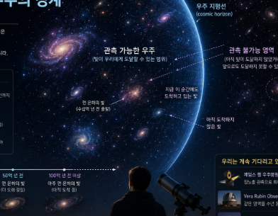 망원경으로 밤하늘을 바라보는 인물과 푸른 우주 경계 구조가 보이는 이미지