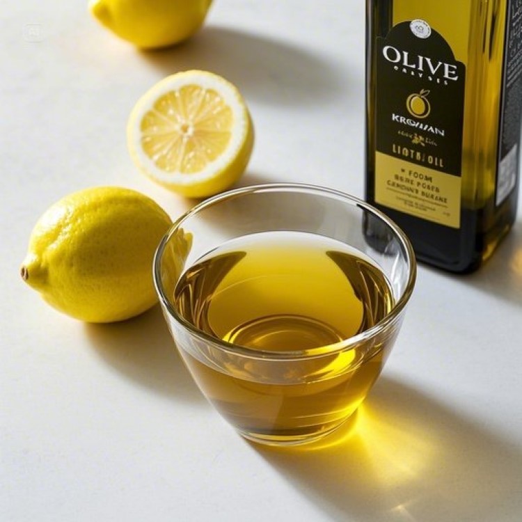 깨끗한 흰색 테이블 위에 투명한 유리컵에 담긴 올리브오일과 레몬즙 혼합물, 옆에는 반으로 자른 신선한 레몬과 엑스트라 버진 올리브오일 병이 놓여있는 밝고 깔끔한 이미지. 자연광이 들어오는 주방 배경으로 건강하고 신선한 느낌을 강조.