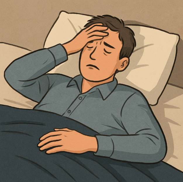 침대 위에 누워 피곤한 표정으로 눈을 감고 있는 직장인의 모습