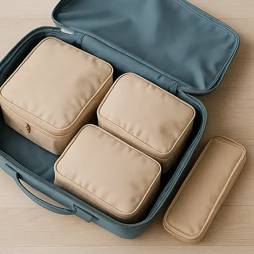 캐리어 안을 파우치로 나누어 옷, 전자기기, 세면도구를 정리