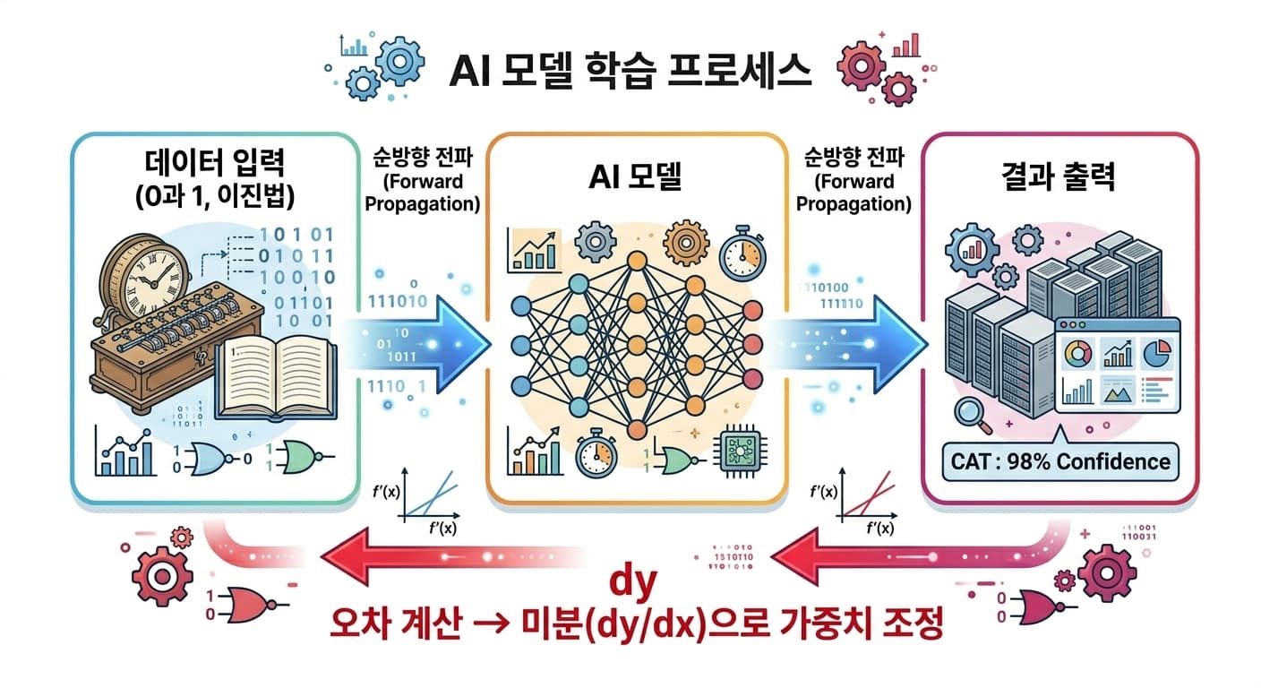 AI 학습에서 이진법이 데이터 처리를 미분이 가중치 조정을 담당하는 구조 다이어그램
