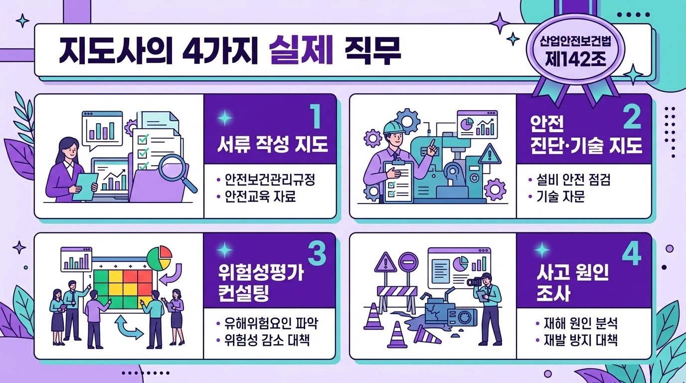 산업안전지도사의 실제 업무 4가지를 보여주는 그리드 인포그래픽