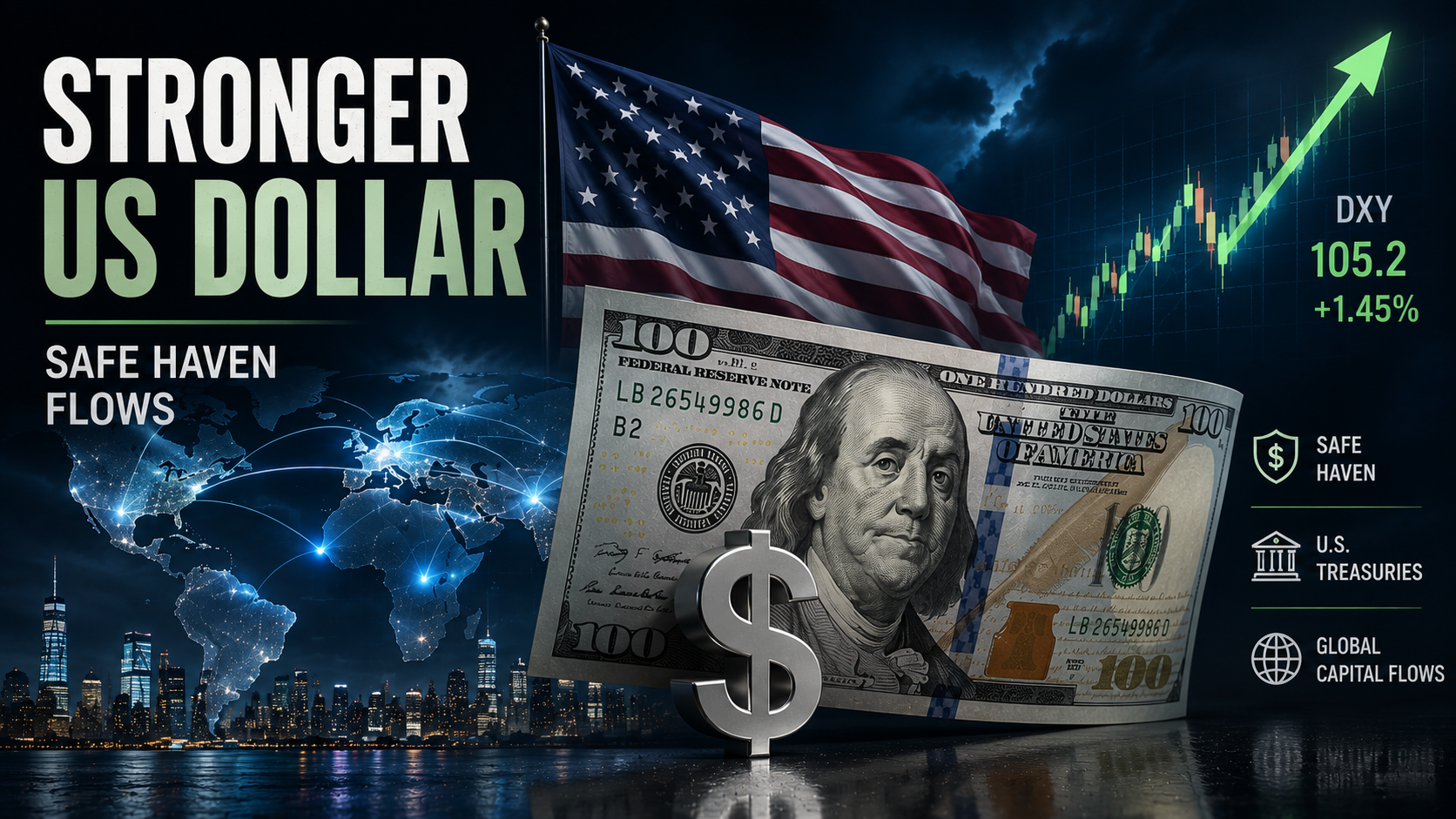 Strong U.S. dollar with global capital flows, rising DXY index and safe-haven demand during economic uncertainty.