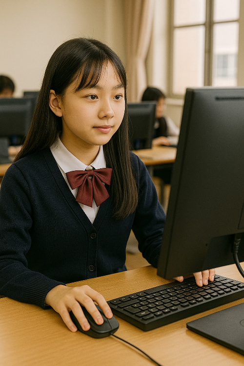 2022 개정 교육과정에 맞춰 중학생 여학생이 컴퓨터 앞에서 정보교과 수업을 듣고 있다