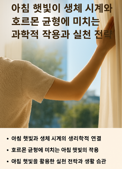 창가에서 아침 햇빛을 받으며 스트레칭하는 사람의 모습과 함께, 생체 시계와 세로토닌 작용을 시각적으로 표현한 건강 정보 이미지