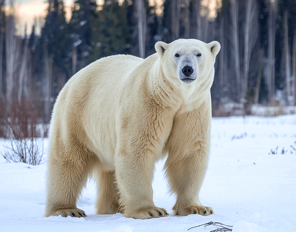 하얀 눈밭에 커다란 하얀 곰이 서서 정면을 바라본다.