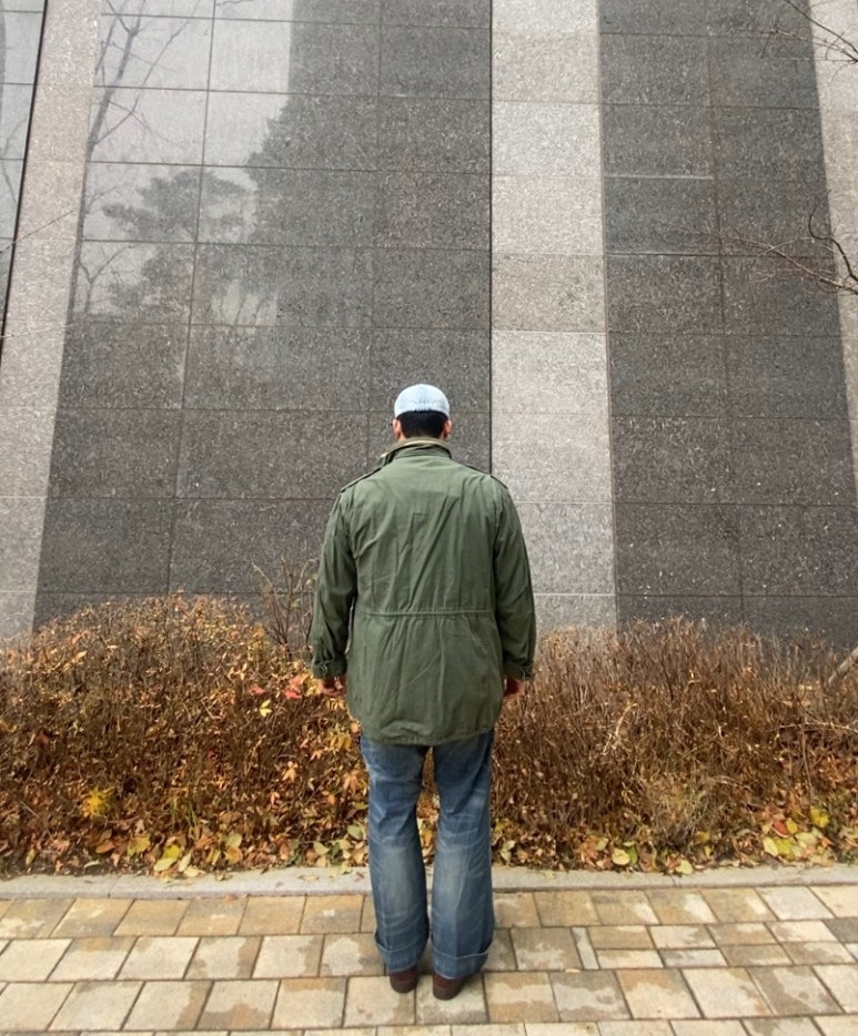 데일리룩('25. 11. 25.)유니버셜케미스트리 데님워싱 베레모 헌팅캡, 로스코 M-65 야상 필드재킷, 스탠다드에러 미스티체크셔츠, 레드윙 앰버하니스, 폴로랄프로렌 청바지 팬츠
