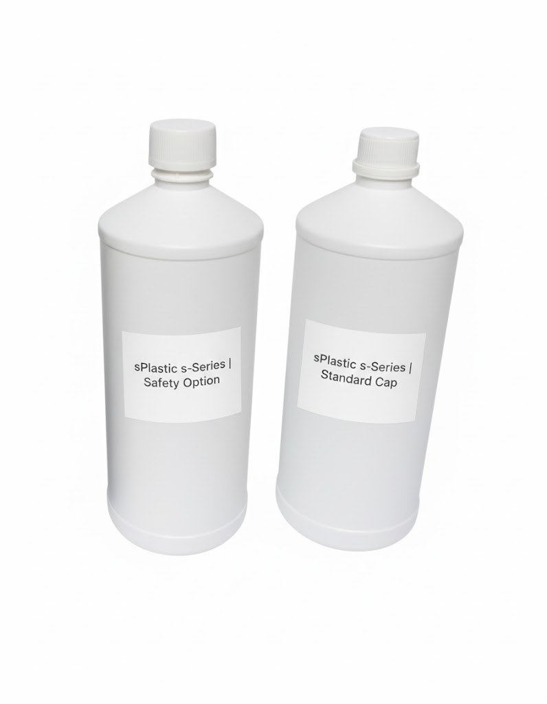 sCap이 적용된 s1000 용기와 일반 캡이 적용된 s1000 용기를 나란히 배치하여 sCap 옵션의 확장성을 보여주는 이미지