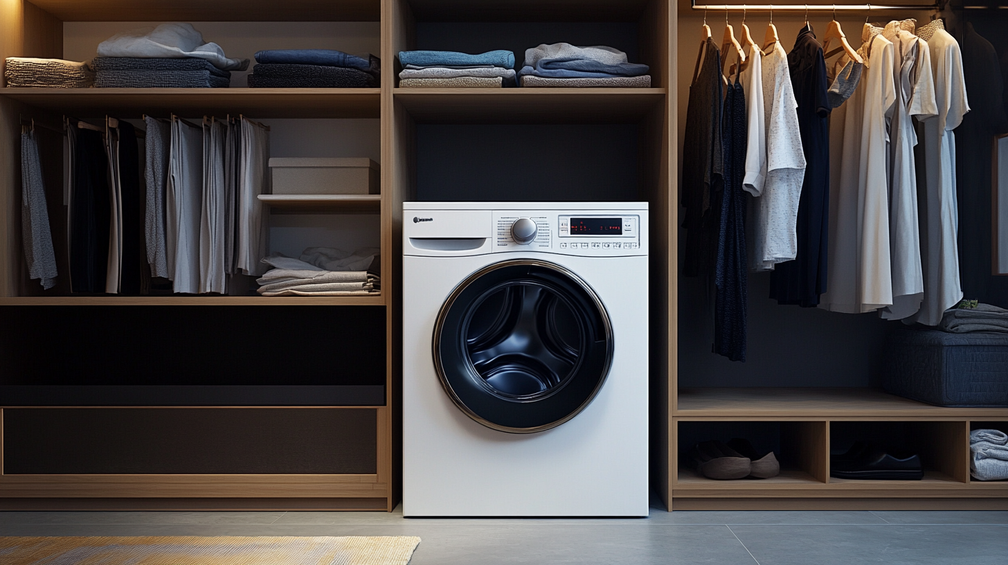 공간 절약형 디자인의 콤보 세탁기와 오픈형 옷장이 있는 작은 아파트 세팅, 도시와 스마트 생활을 나타내는 자연광