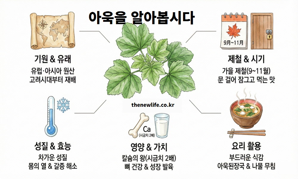 아욱의 기원과 유래, 9월에서 11월 가을 제철 시기, 차가운 성질, 시금치 2배 칼슘 영양, 된장국 요리 활용법을 정리한 요약 인포그래픽