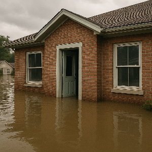 여름 폭우로 벽돌 주택에 홍수가 나서 물이 집에 잠겼어요.