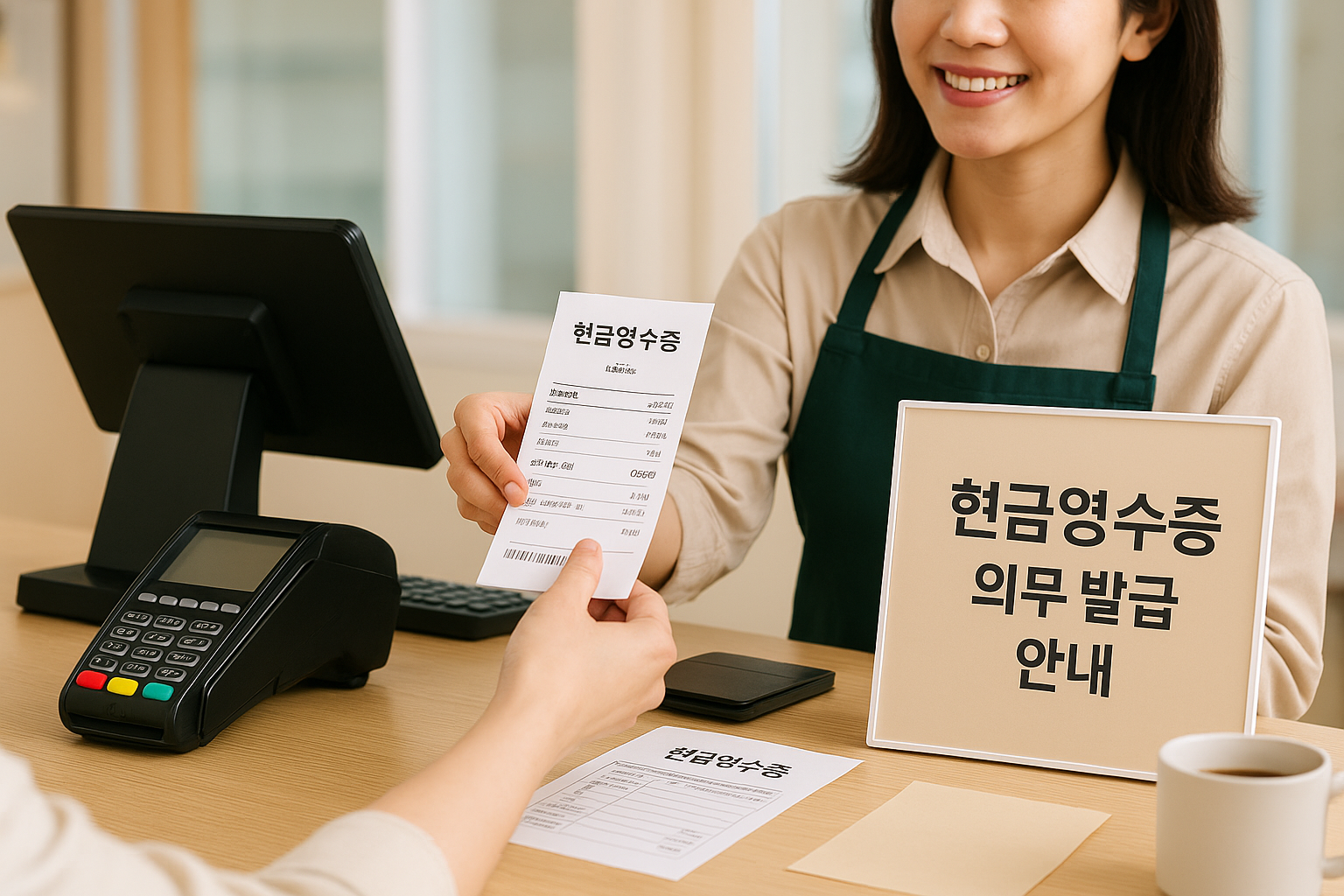 현금영수증을 고객에게 발급하는 한국 매장 카운터의 모습 – 의무 발급 안내문과 POS기, 영수증이 보이는 장면