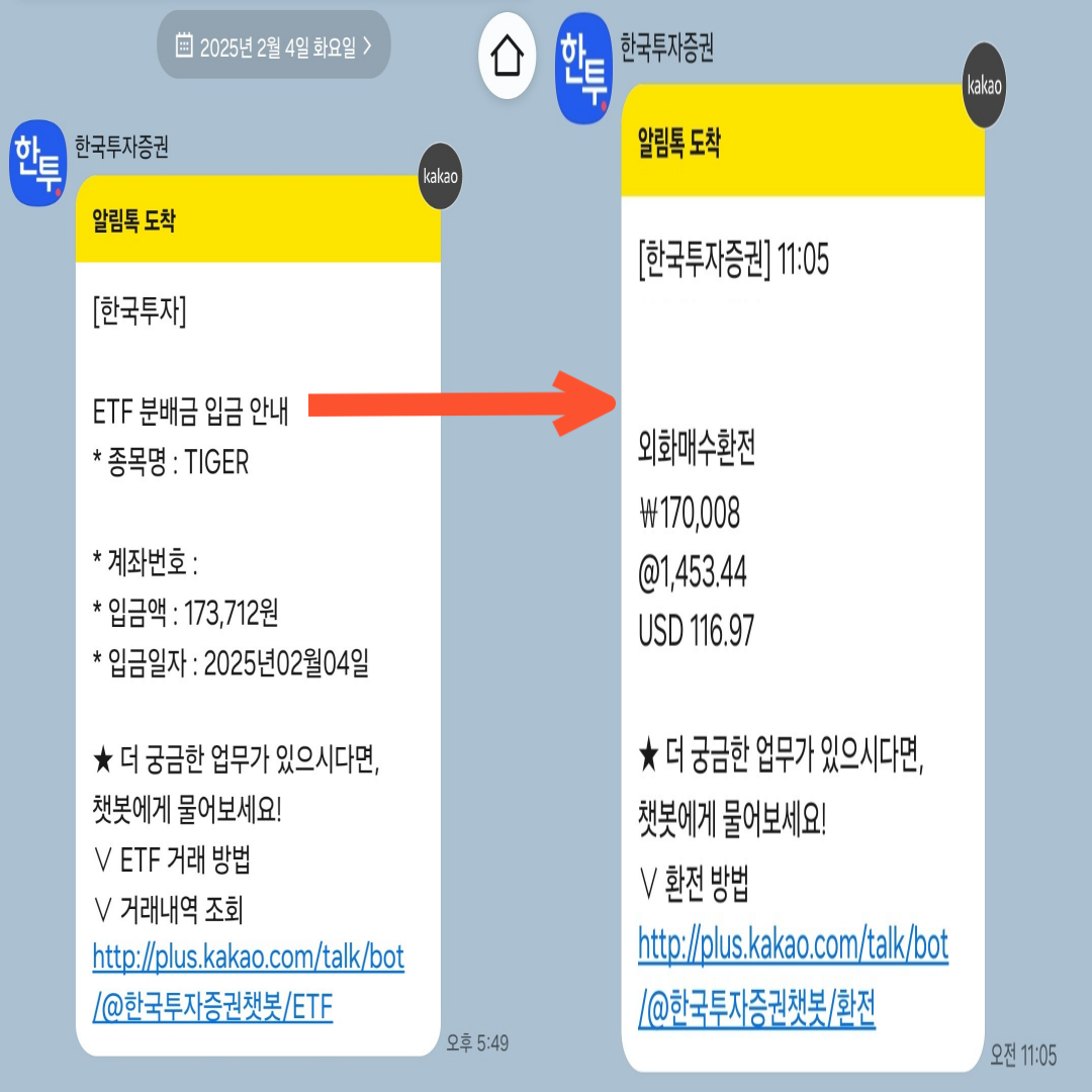 배당 재투자 전략 관련 해외ETF 투자를 위해서 국내 배당금을 달러로 교환하는 모습
