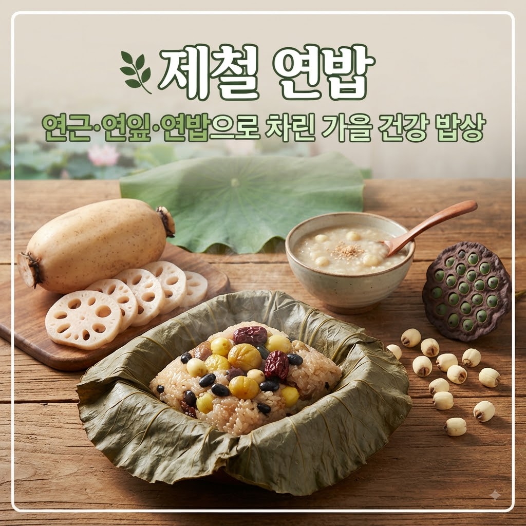 제철 연밥, 연근, 연잎, 연밥죽 등이 나무 테이블 위에 정갈하게 차려진 가을 건강 밥상 썸네일