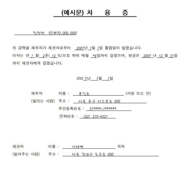 차용증 양식무료다운 hwp 등