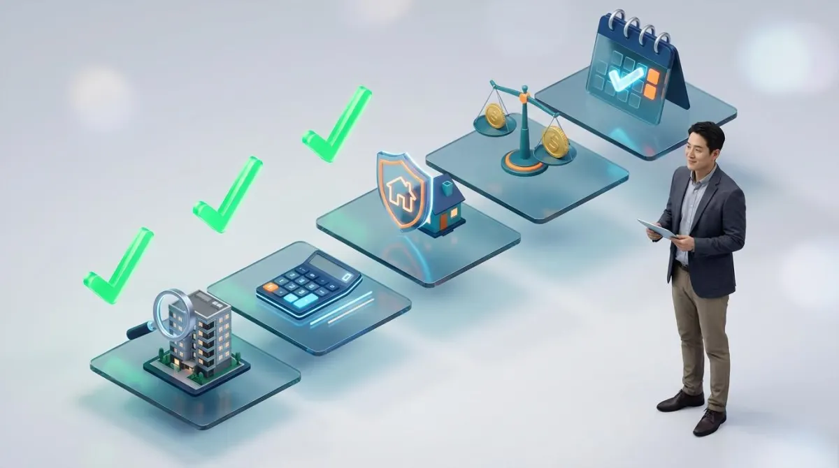 2026년 공시가격 발표에 따른 재산세 및 종부세 점검 과정을 체계적인 3D 체크리스트로 시각화한 인포그래픽 이미지. 신뢰감을 주는 푸른색 톤과 입체적인 아이콘이 특징