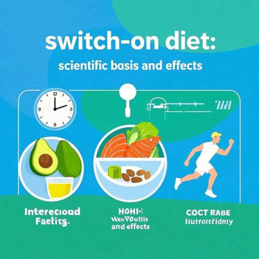 밝고 깨끗한 배경에 '스위치온 다이어트'의 세 가지 핵심 요소를 시각적으로 보여주는 구성