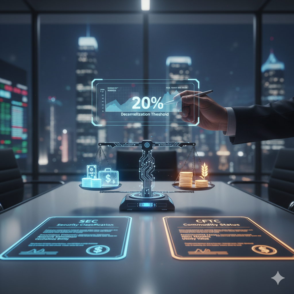 현대적인 사무실 회의실 책상 위에 디지털 저울이 놓여 있는 모습이에요. 저울 위쪽에는 20% Decentralization Threshold라고 적힌 파란색 데이터 그래프 홀로그램이 떠 있고 남성의 손이 펜으로 이를 가리키고 있어요. 책상 위에는 SEC 증권 분류와 CFTC 상품 지위를 나타내는 두 개의 빛나는 문서 패드가 놓여 있어 법적 기준을 시각화한 실용적인 느낌의 이미지에요.
