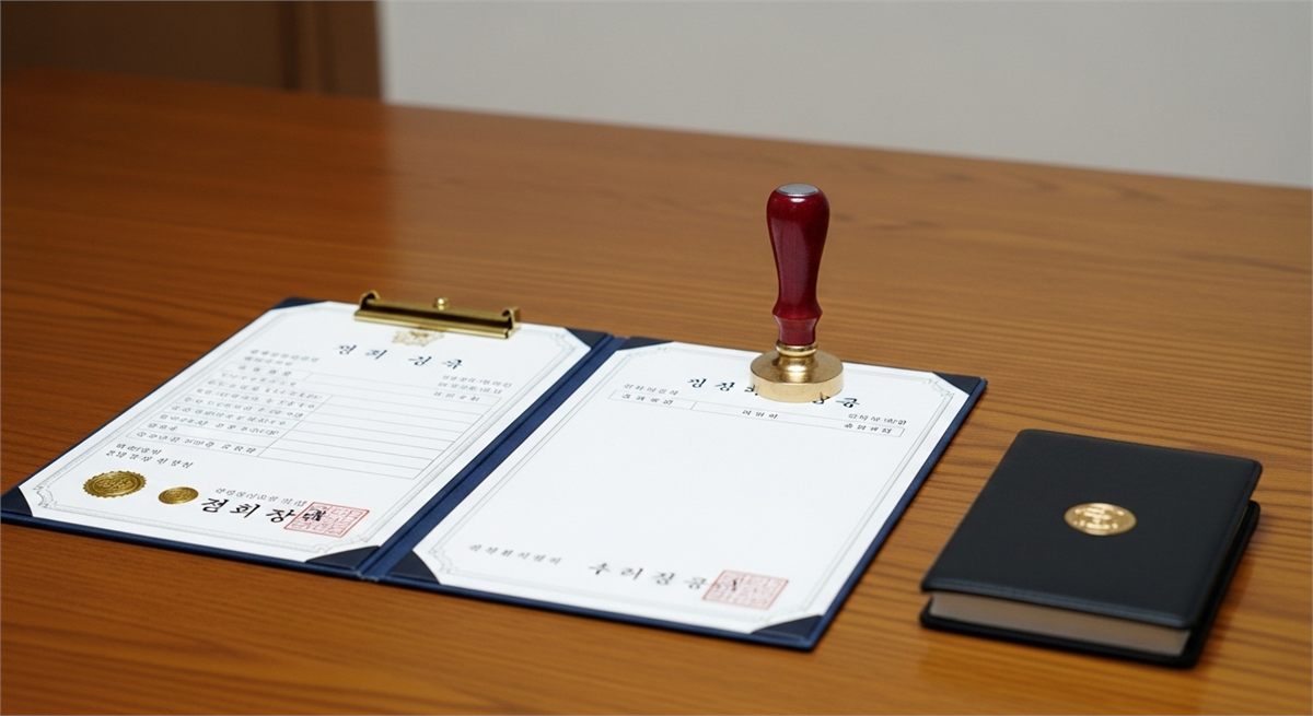 인감도장과 서류 지갑을 테이블 위에 정리해 둔 모습 