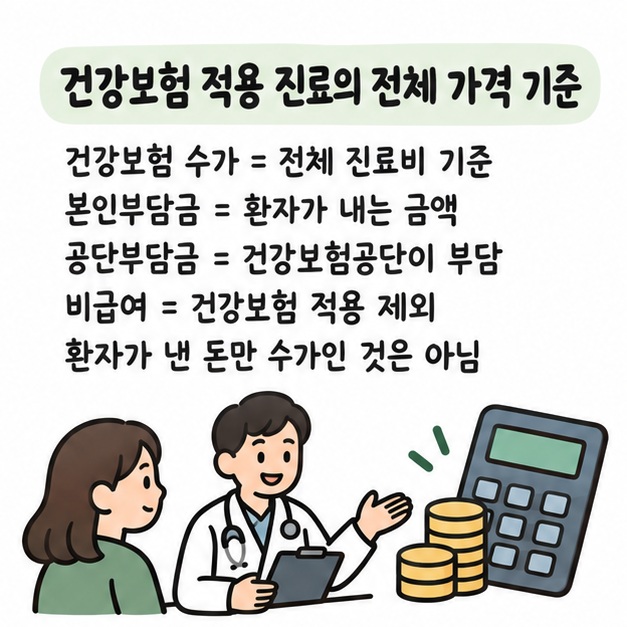 건강보험 수가는 건강보험 적용 의료서비스의 전체 진료비 기준이고 본인부담금과 공단부담금으로 나뉜다는 설명 카드
