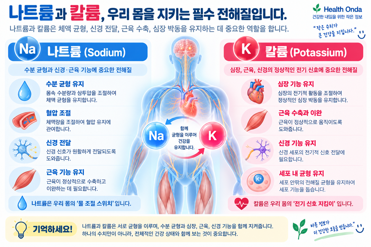 나트륨과 수분 균형을 설명하는 전해질 그림