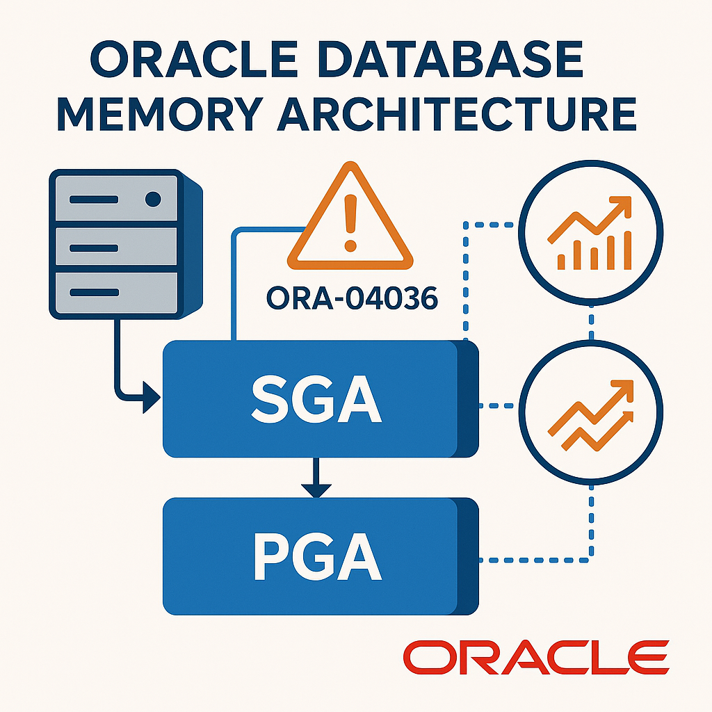 Oracle database SGA and PGA memory optimization diagram showing performance improvement and ORA-04036 error resolution
