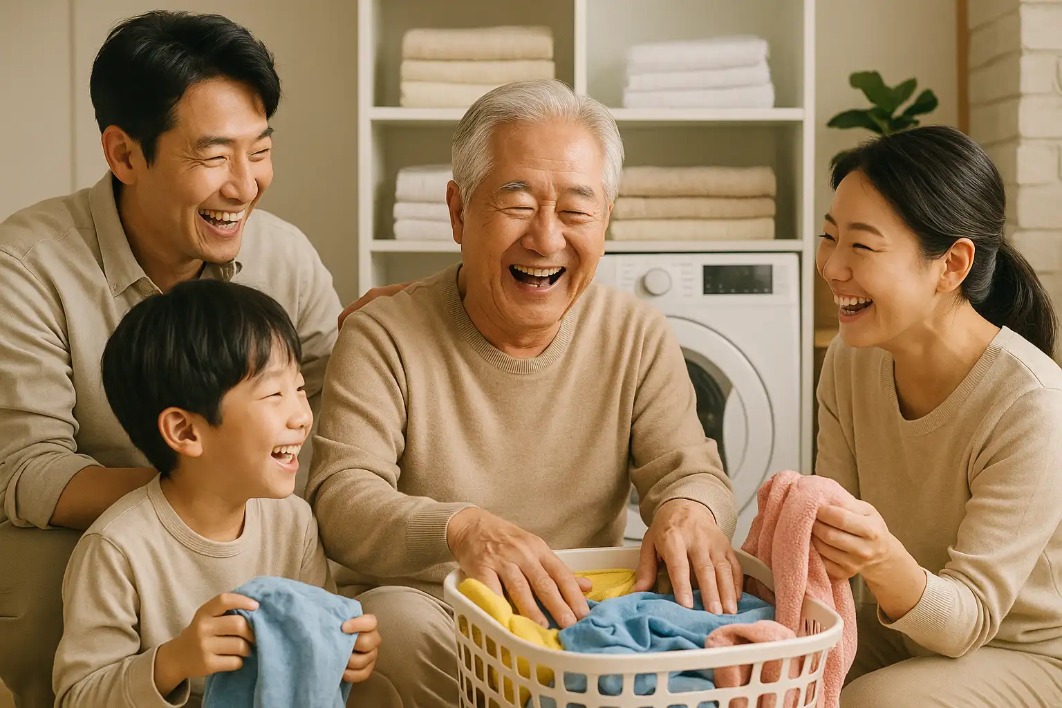 가족이 함께 웃으며 어르신의 세탁을 도와주는 따뜻한 장면