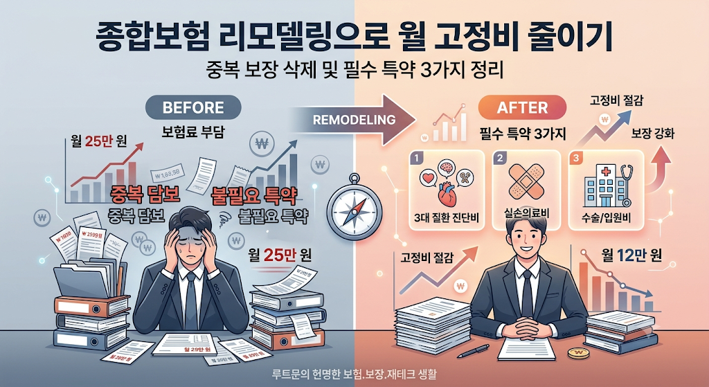 종합보험 리모델링으로 월 고정비 줄이기: 중복 보장 삭제 및 필수 특약 3가지 정리
