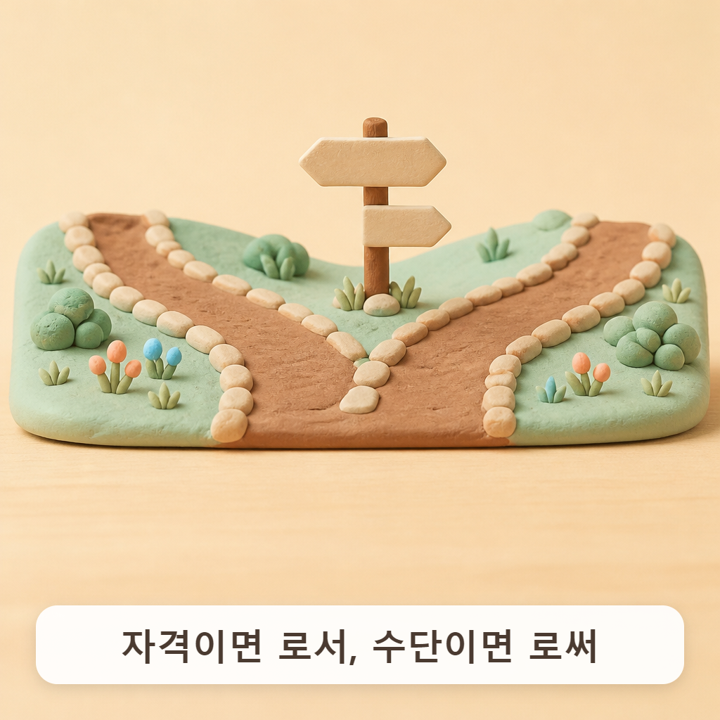 나무 책상 위에 두 갈래로 나뉜 길 모형과 작은 표지판