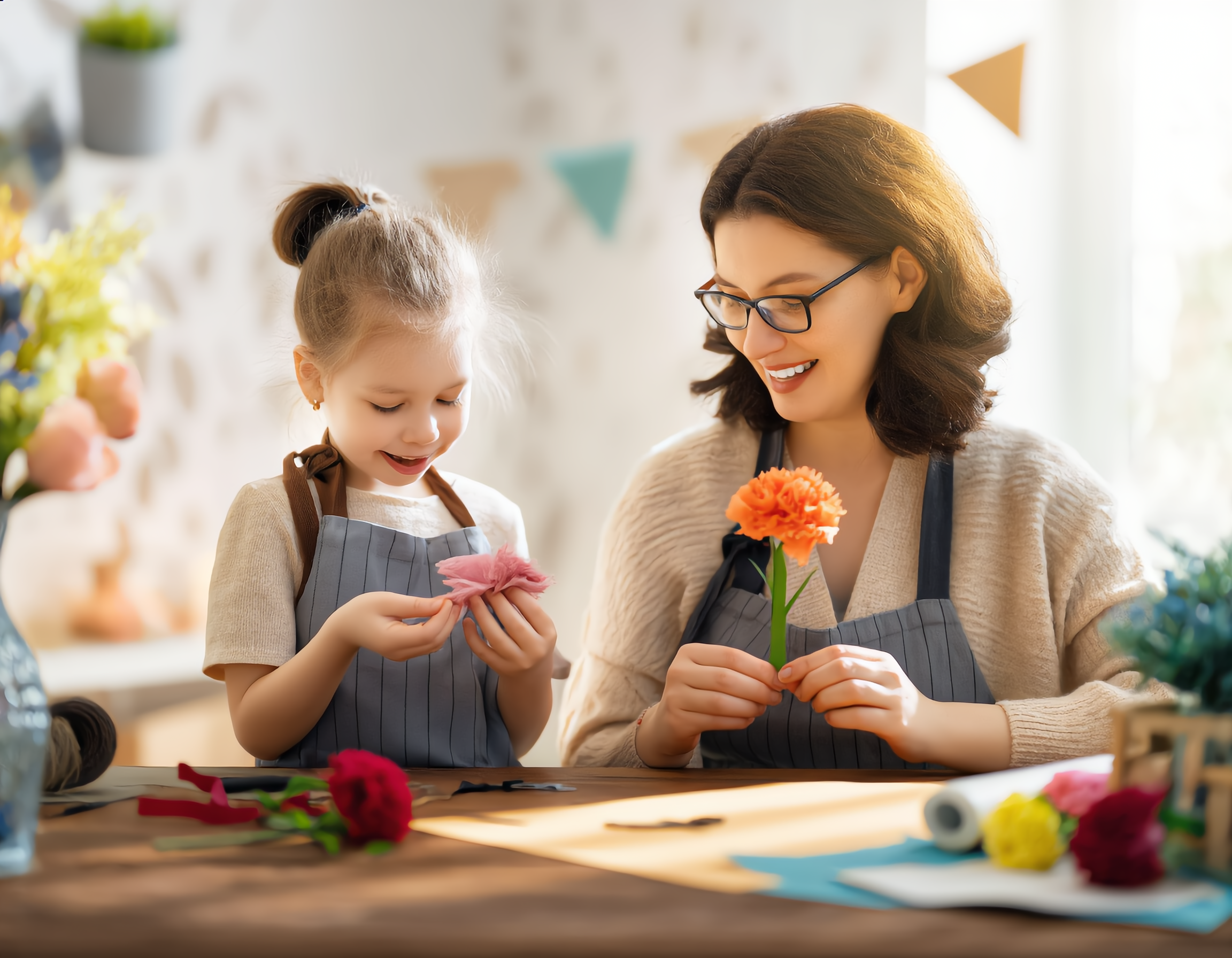 A cheerful child and adult in cozy aprons craft colorful carnation DIY kits together at a sunlit wooden table, arranging fabric petals and glueing paper stems with focused smiles, surrounded by scattered craft tools, vibrant materials, and half-finished bouquets in a bright, inviting studio softened by warm afternoon light and playful shadows.