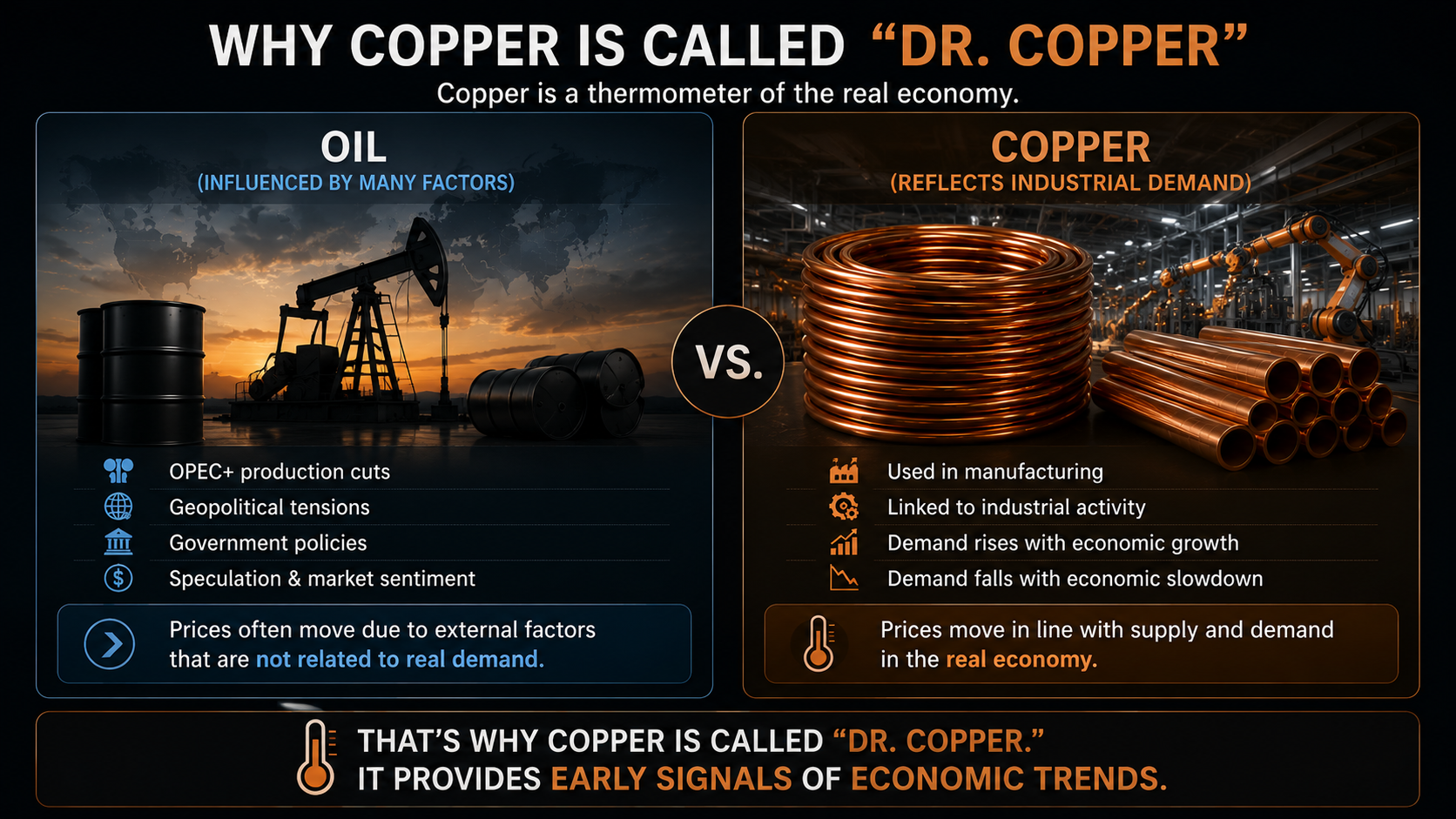 Oil versus copper comparison showing copper as a leading indicator of industrial demand