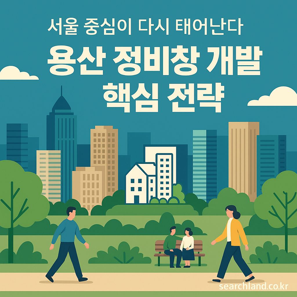 서울 용산 정비창 부지를 개발하여 도심 속 복합업무지구, 주거지역, 공공공간으로 재편하는 프로젝트 개요를 알리는 일러스트 이미지. 개발계획을 상징하는 건물과 공원, 사람들이 함께 어우러진 구조.