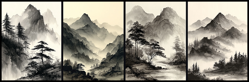 먹의 짙고 옅은 농담과 여백이 강조된 한국 전통 산수화 이미지_Midjourney