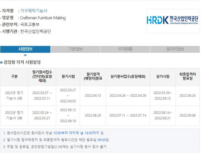 가구제작기능사 시험일정