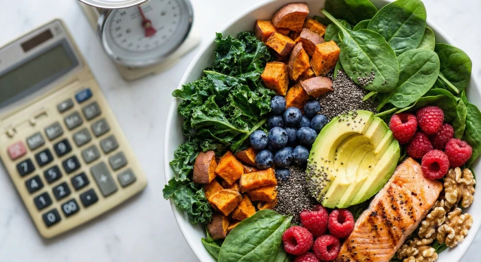 신선한 잎채소, 베리류, 아보카도, 연어, 견과류 등 형형색색의 영양가 높은 식재료가 가득 담긴 그릇을 위에서 내려다본 사진이며, 배경에는 계산기와 저울이 흐릿하게 밀려나 있다.