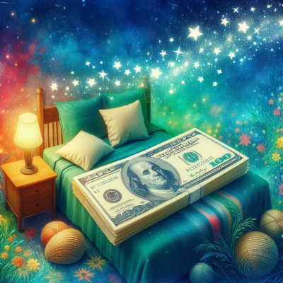 "돈이 쌓여 있는 꿈을 꾸고 있는 침대 위의 이미지입니다."