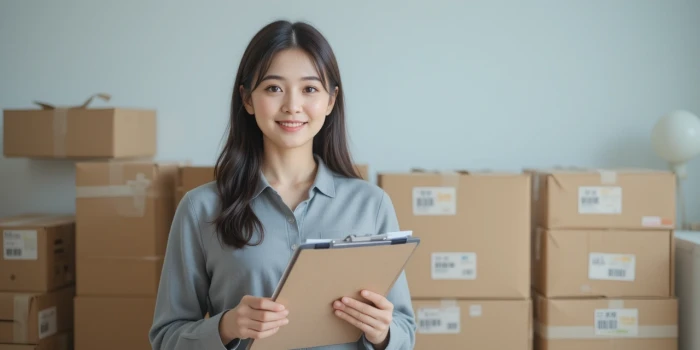상자 앞에서 체크리스트를 확인 중인 여성 판매자의 모습