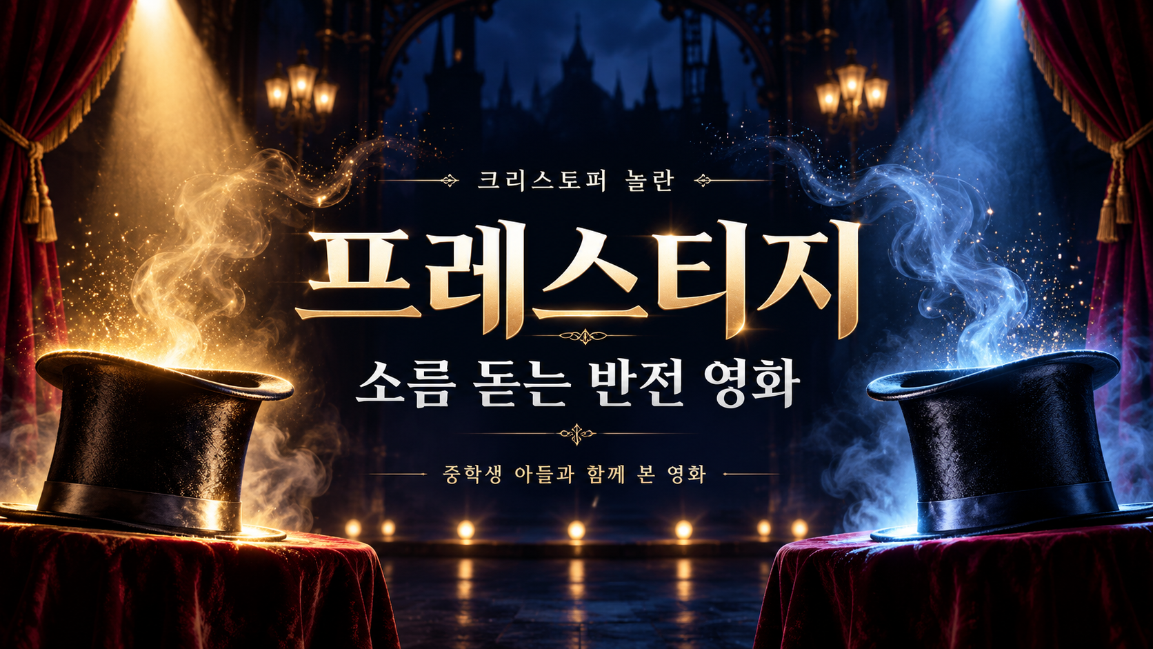 금빛과 푸른빛이 비추는 두 실크햇과 마술 무대에 &lsquo;프레스티지, 소름 돋는 반전 영화&rsquo; 문구가 들어간 썸네일