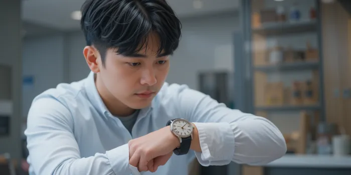 위내시경 후 식사 가능 시간을 기다리며 시계를 보는 남성