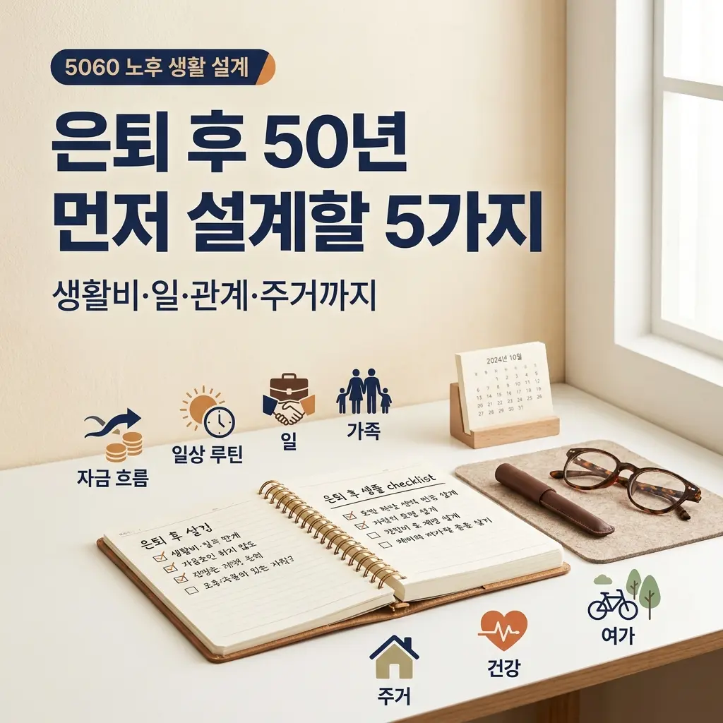 은퇴 후 50년 노후 생활 설계를 위해 생활비, 일, 관계, 주거와 여가를 함께 점검하는 썸네일