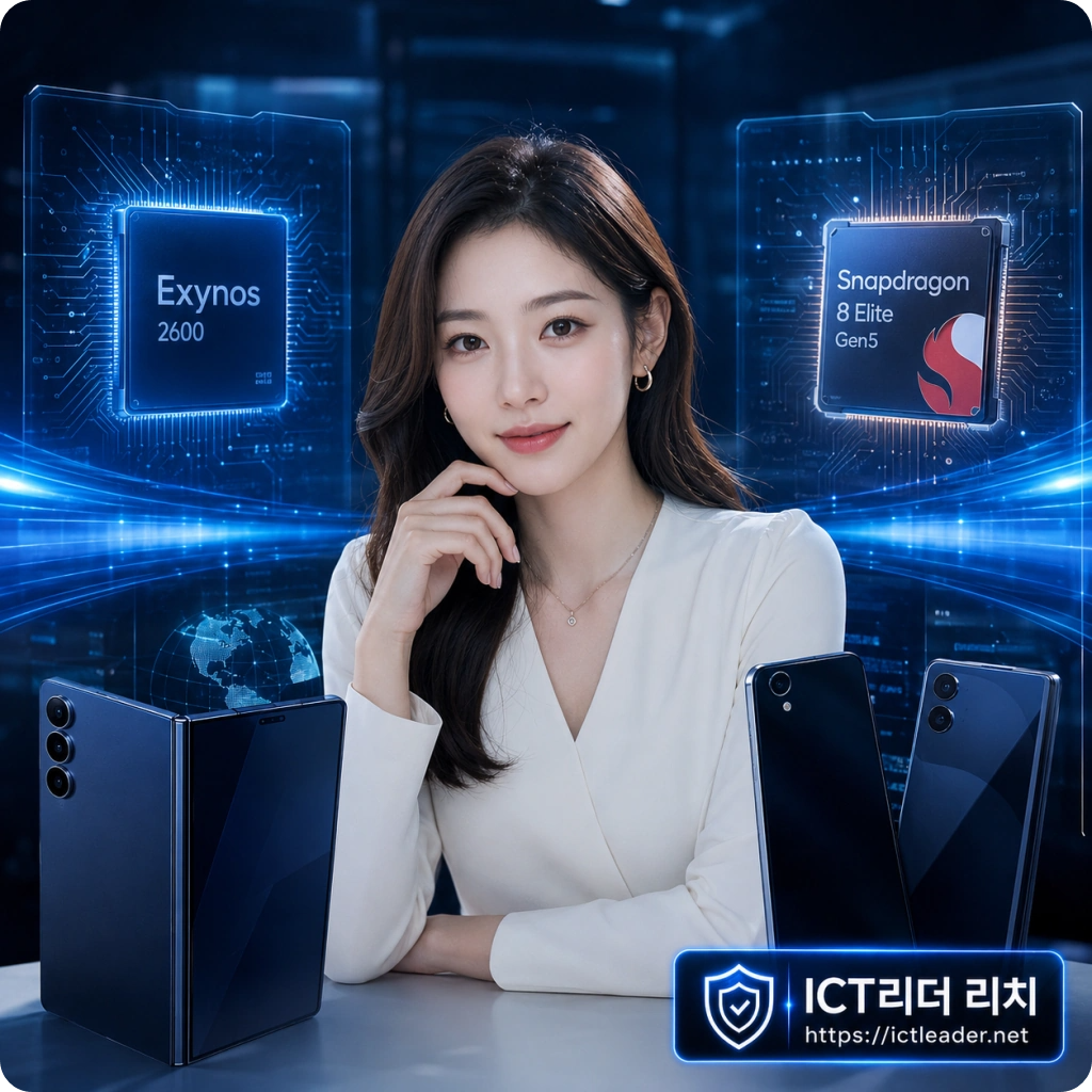 갤럭시 Z폴드8&middot;플립8과 엑시노스 2600 스냅드래곤 8 엘리트 Gen5 칩셋을 배경으로 한 여성 스마트폰 전문가
