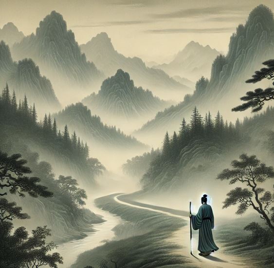 소설 속의 여행자가 산길을 걸어가는 그림