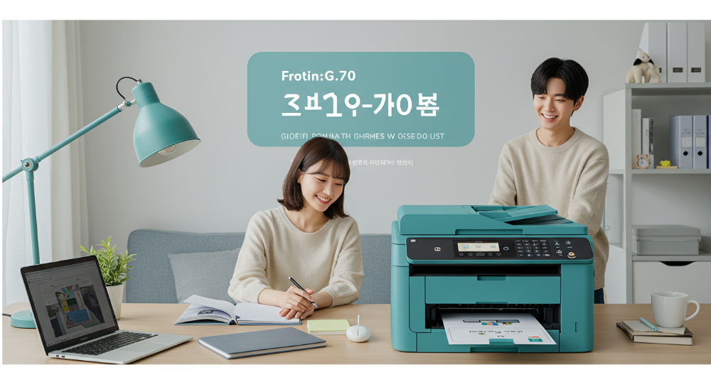 2025년 가정용 프린터 선택을 돕는 레이저, 잉크젯, 무한잉크 프린터의 비교 분석 이미지를 보여주는 모던한 사무실 풍경.