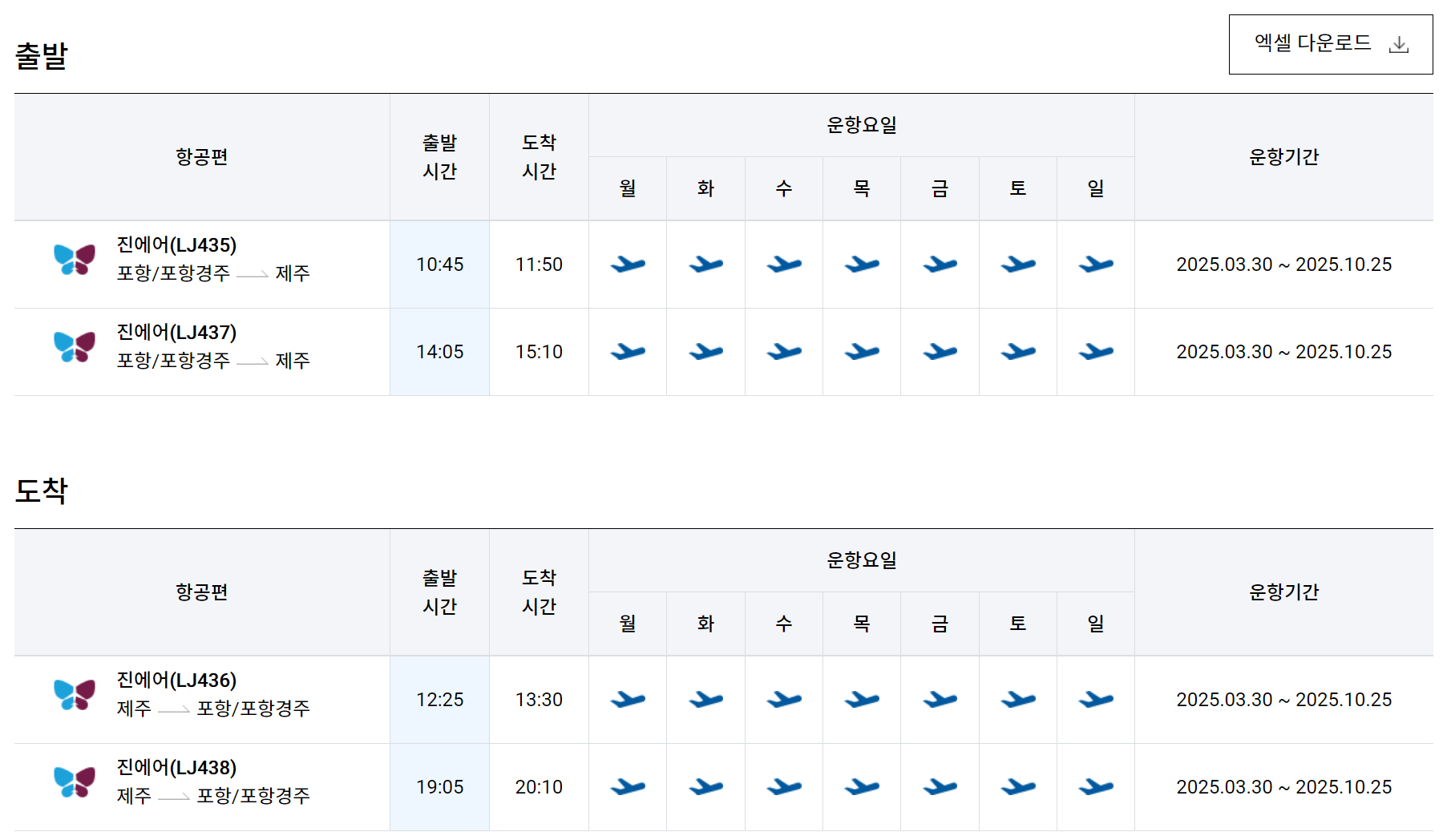 포항경주공항 제주공항 비행기 시간표 이미지