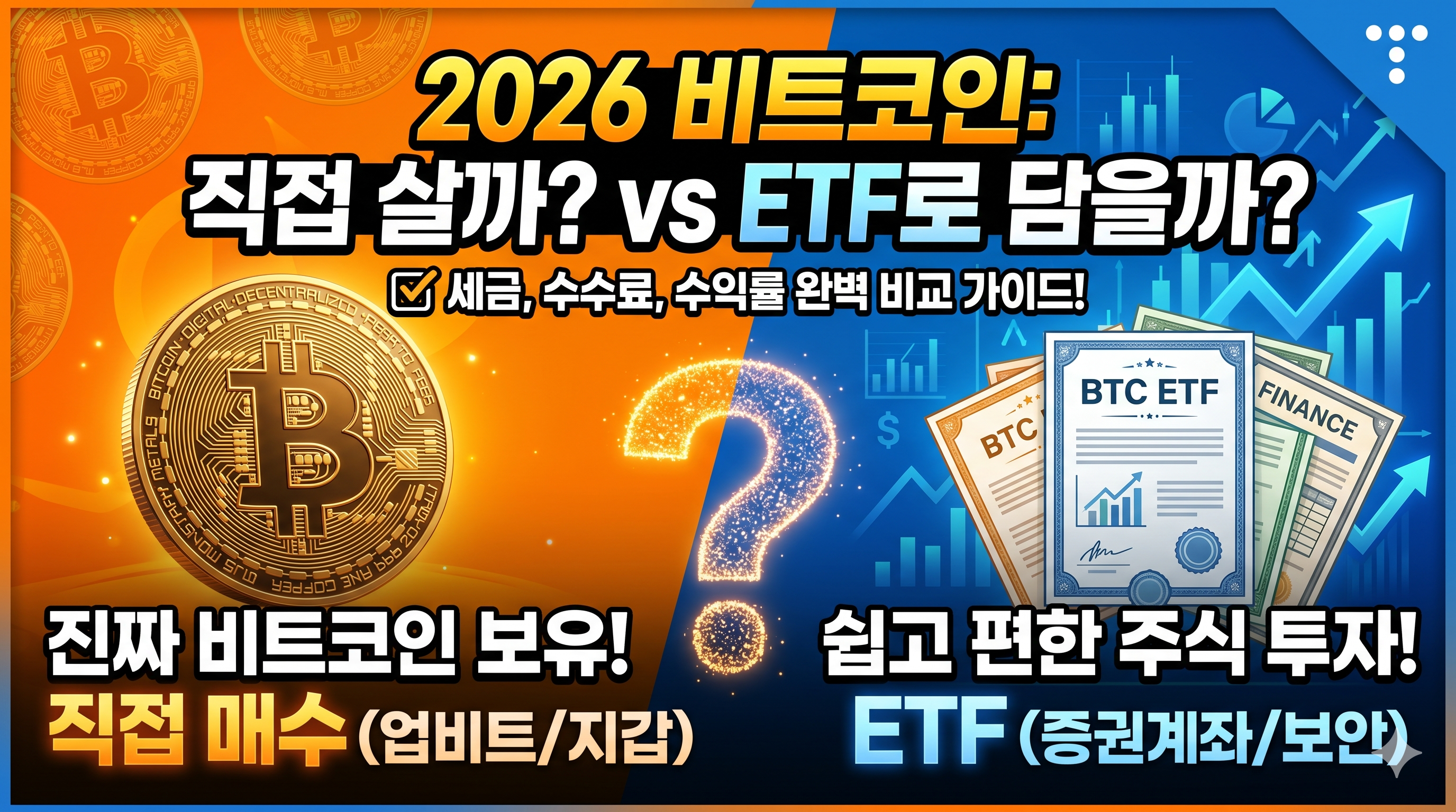 2026년 비트코인 직접 매수와 ETF 투자 방식을 비교하는 가이드 썸네일. 중앙을 기준으로 왼쪽은 주황색 배경에 황금색 비트코인 실물 심볼과 '진짜 비트코인 보유! 직접 매수(업비트/지갑)'라는 문구가 적혀 있고, 오른쪽은 파란색 배경에 주식 종목 리포트 아이콘과 '쉽고 편한 주식 투자! ETF(증권계좌/보안)'라는 문구가 배치됨. 상단에는 '2026 비트코인: 직접 살까? vs ETF로 담을까?'라는 메인 타이틀과 '세금, 수수료, 수익률 완벽 비교 가이드'라는 문구가 포함되어 투자자의 선택을 돕는 전문적인 금융 콘텐츠 이미지.