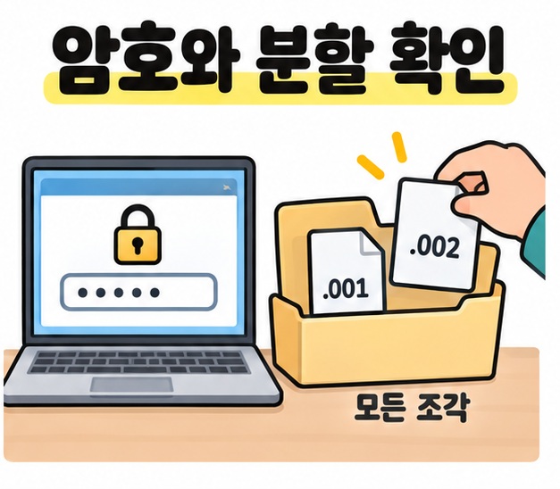 암호 입력 화면과 같은 폴더에 모인 .001 및 .002 분할 파일을 확인하는 장면