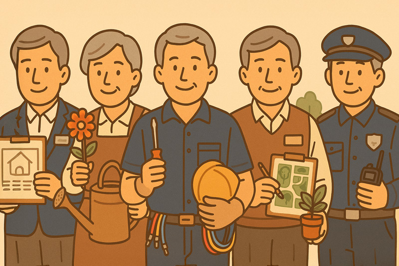 공인중개사, 조경사, 전기기능사, 주택관리사보, 경비지도사 등 다양한 자격증을 소지한 50대 남성들이 각 직업 도구를 들고 함께 서 있는 모습.